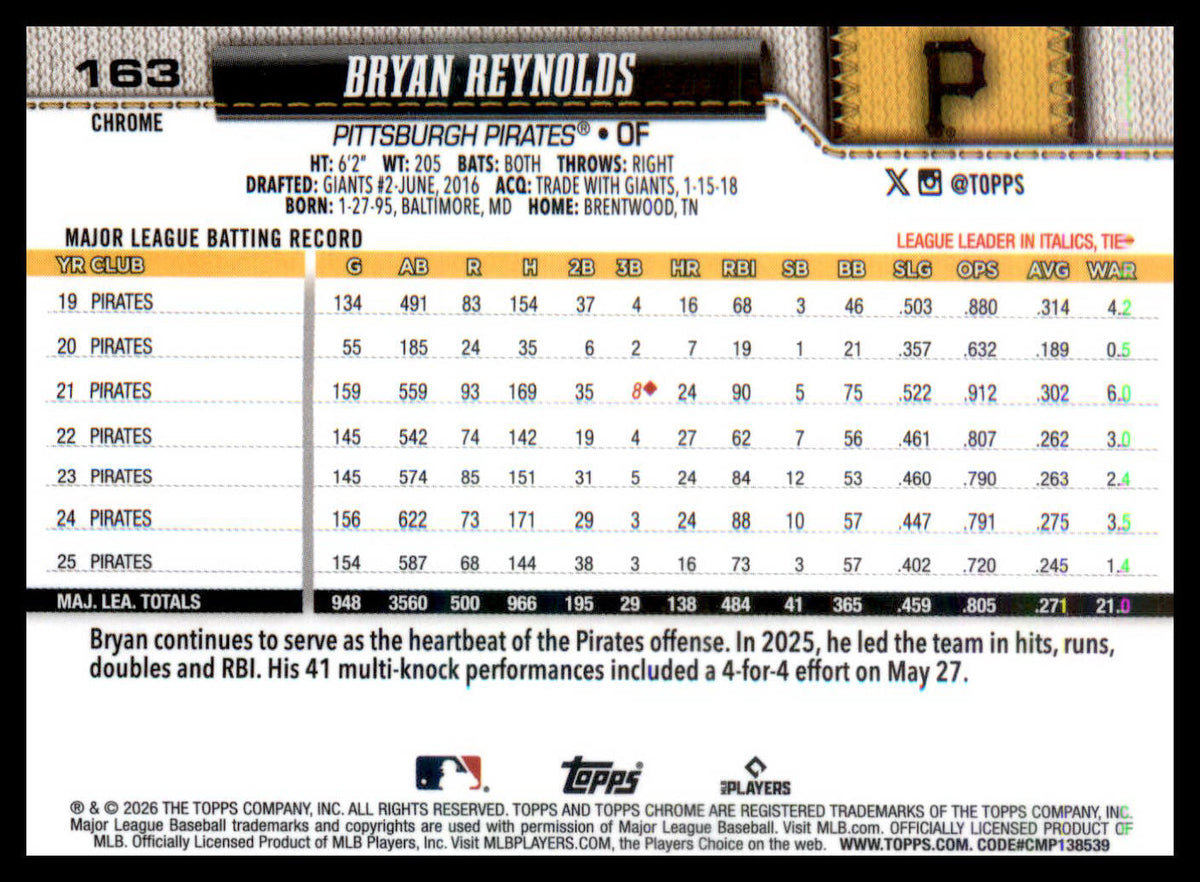 2026 Topps Chrome X-Fractors #163 Bryan Reynolds