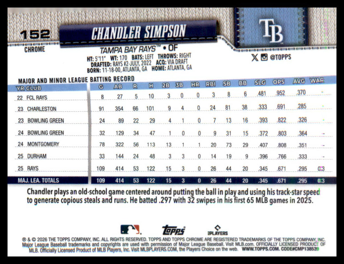 2026 Topps Chrome X-Fractors #152 Chandler Simpson