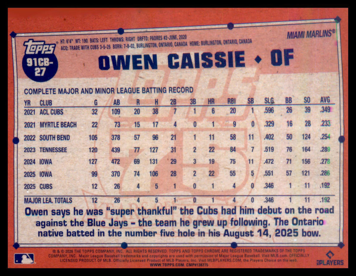 2026 Topps Chrome 1991 Topps Baseball 35th Anniversary #91CB-27 Owen Caissie