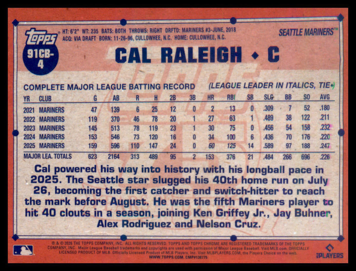 2026 Topps Chrome Cal Raleigh 35th Anniversary 1991 Refractor Seattle Mariners