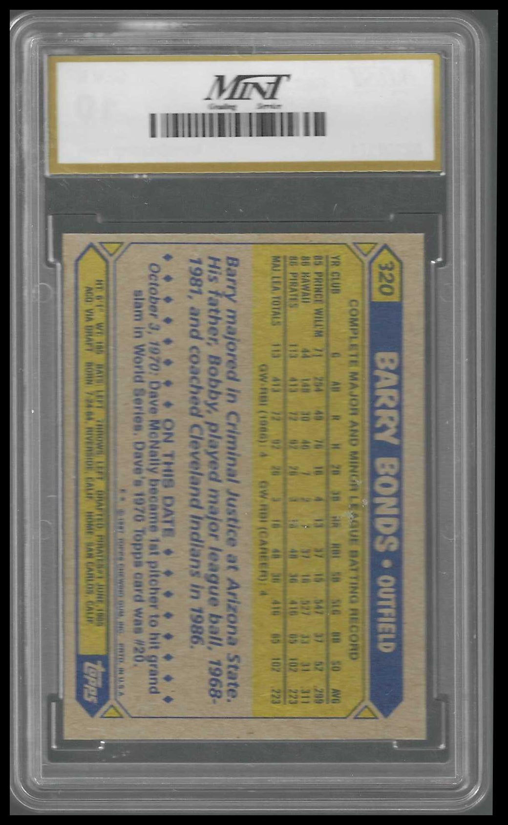 1987 Topps #320 Barry Bonds Rookie MINT GEM/MT 10 - Veteran Sports Cards FL