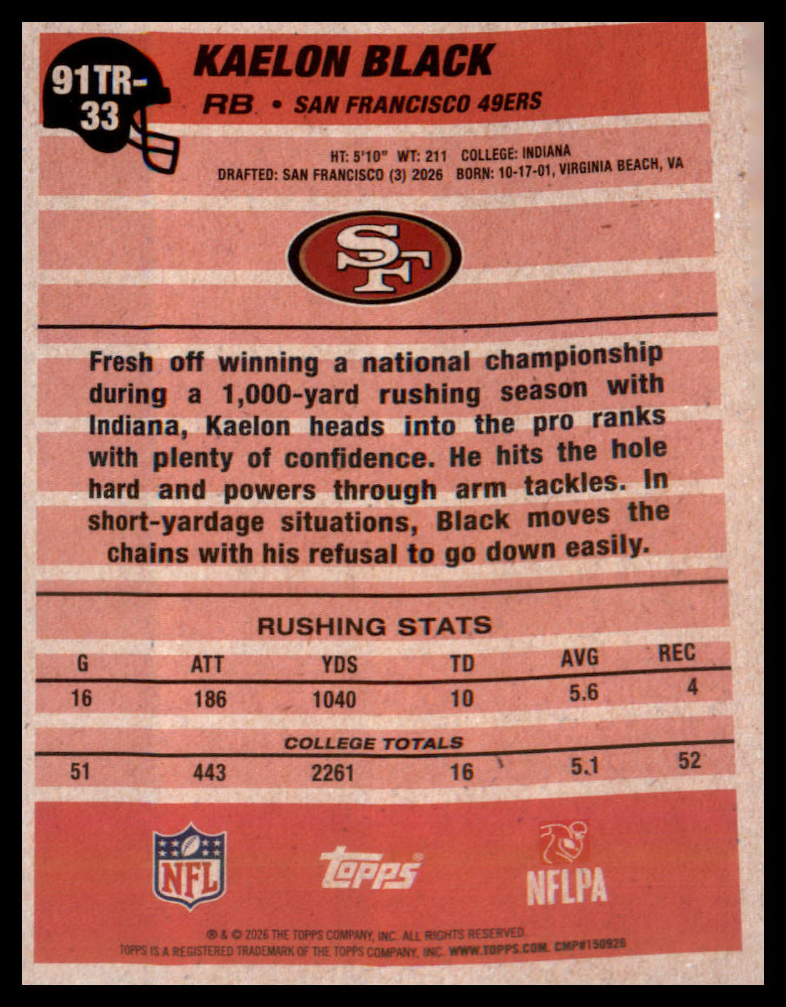 2026 Topps Flagship 1991 Topps Football Rookies #91TR-33 Kaelon Black