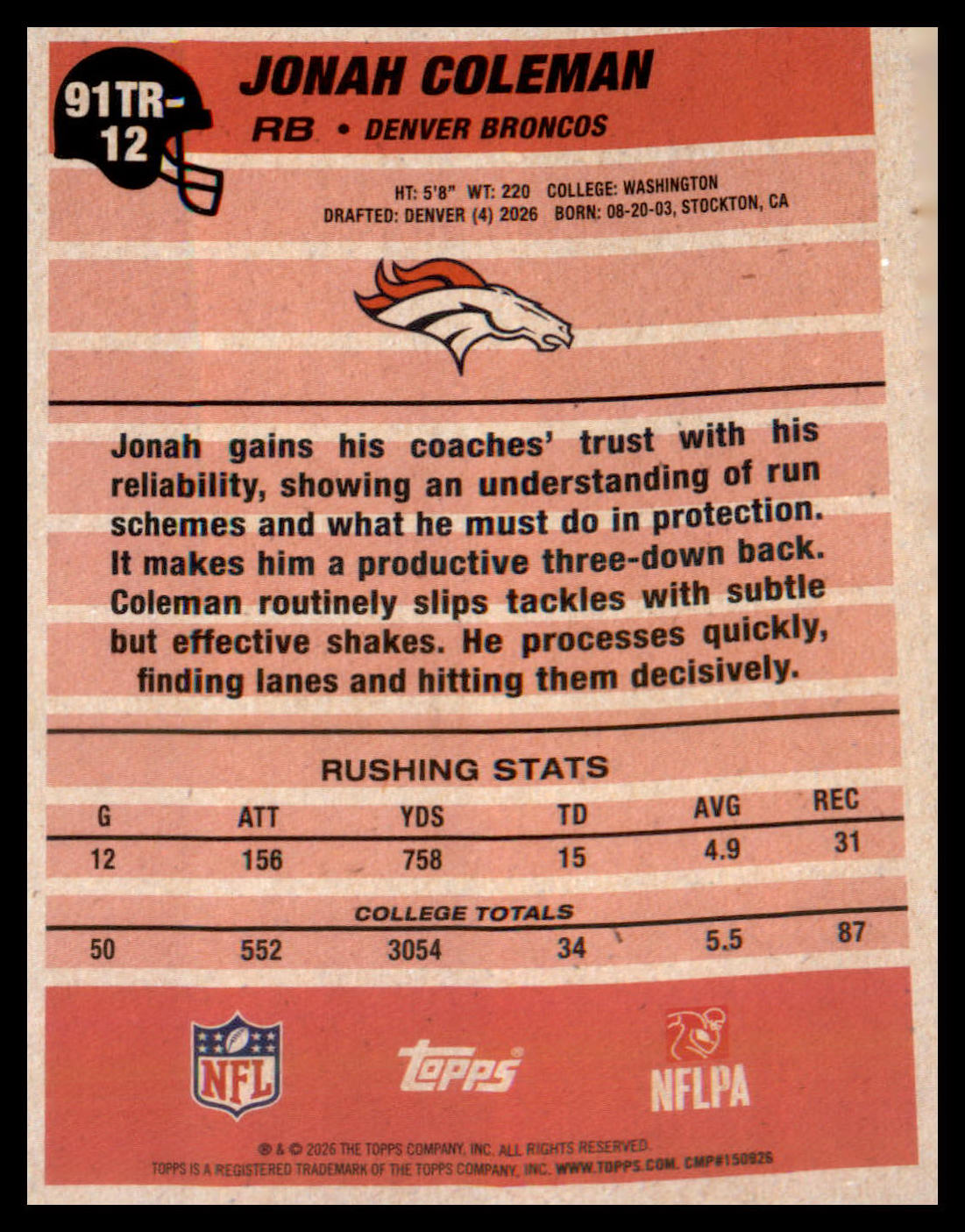 2026 Topps Flagship 1991 Topps Football Rookies #91TR-12 Jonah Coleman