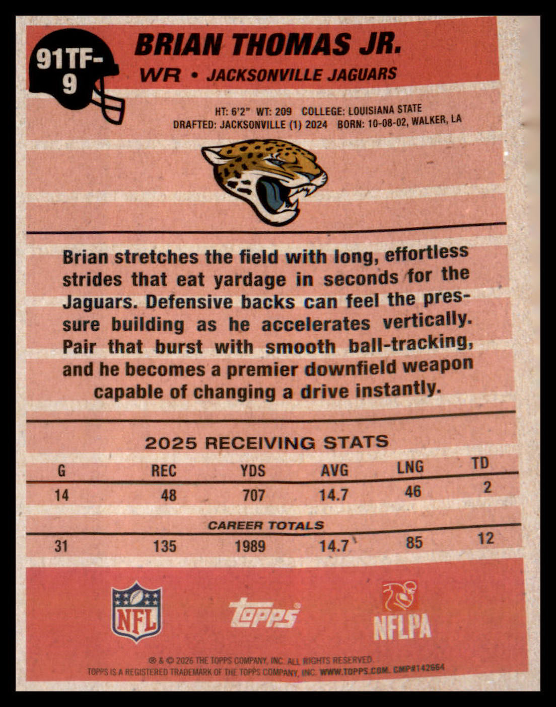 2026 Topps Flagship 1991 Topps Football #91TF-9 Brian Thomas Jr.