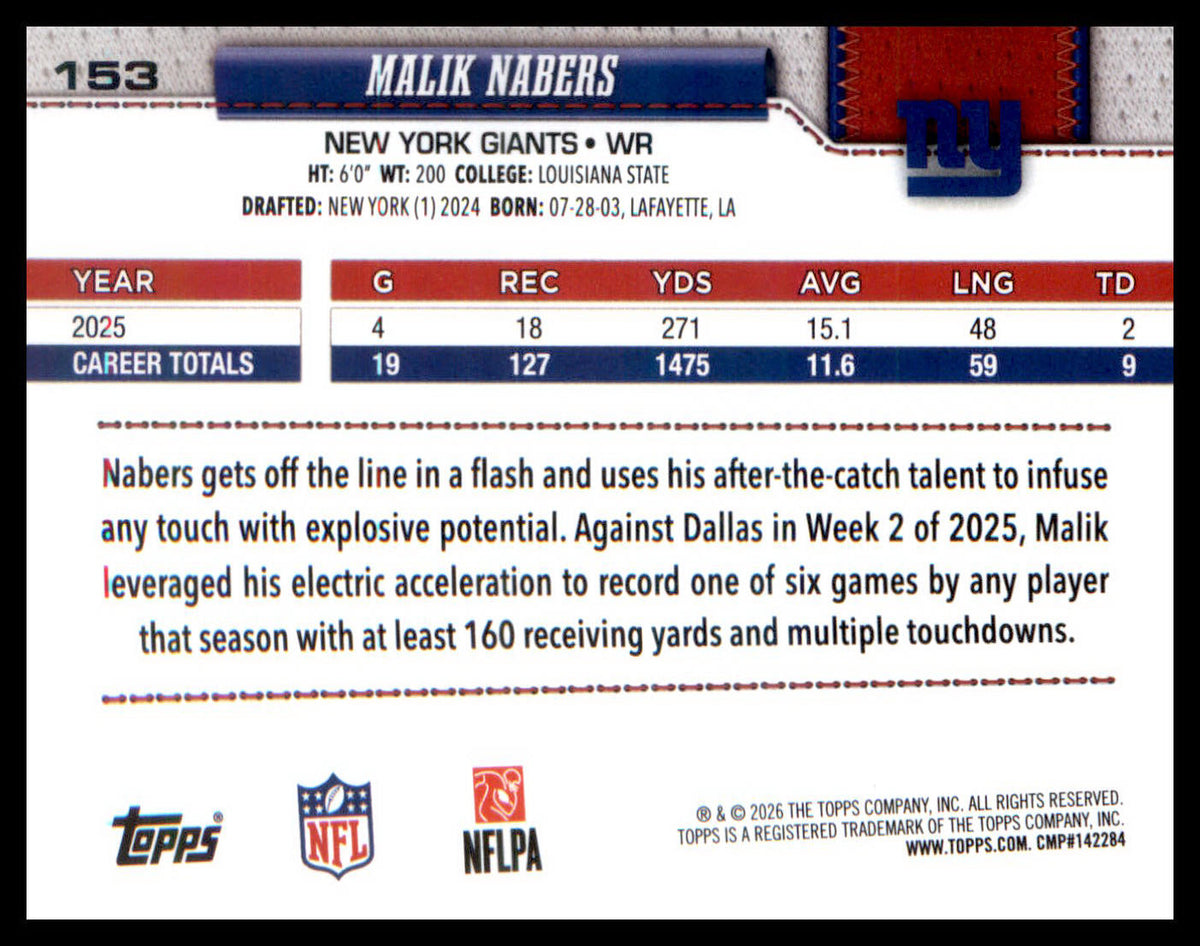 2026 Topps Flagship Rainbow Foil #153 Malik Nabers