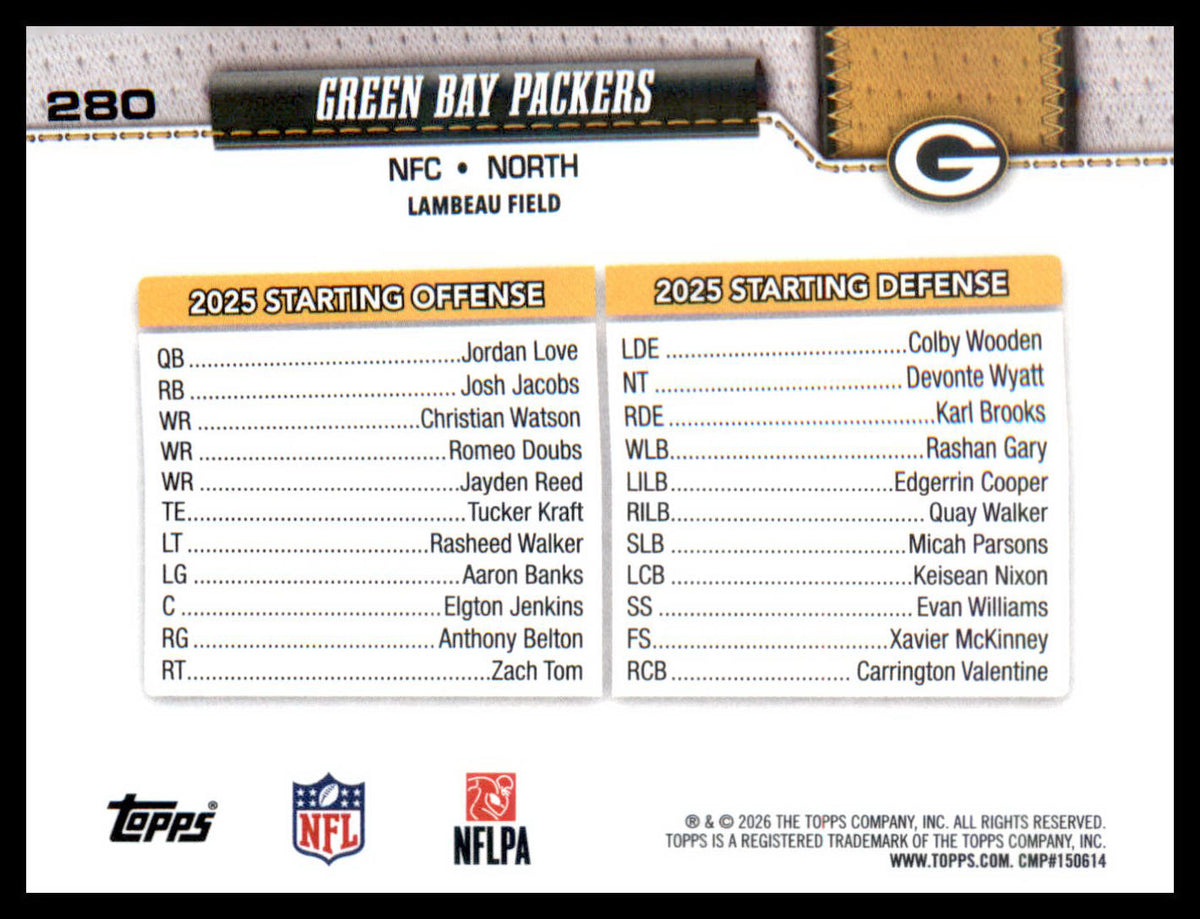 2026 Topps Flagship Holo Foil #280 Green Bay Packers
