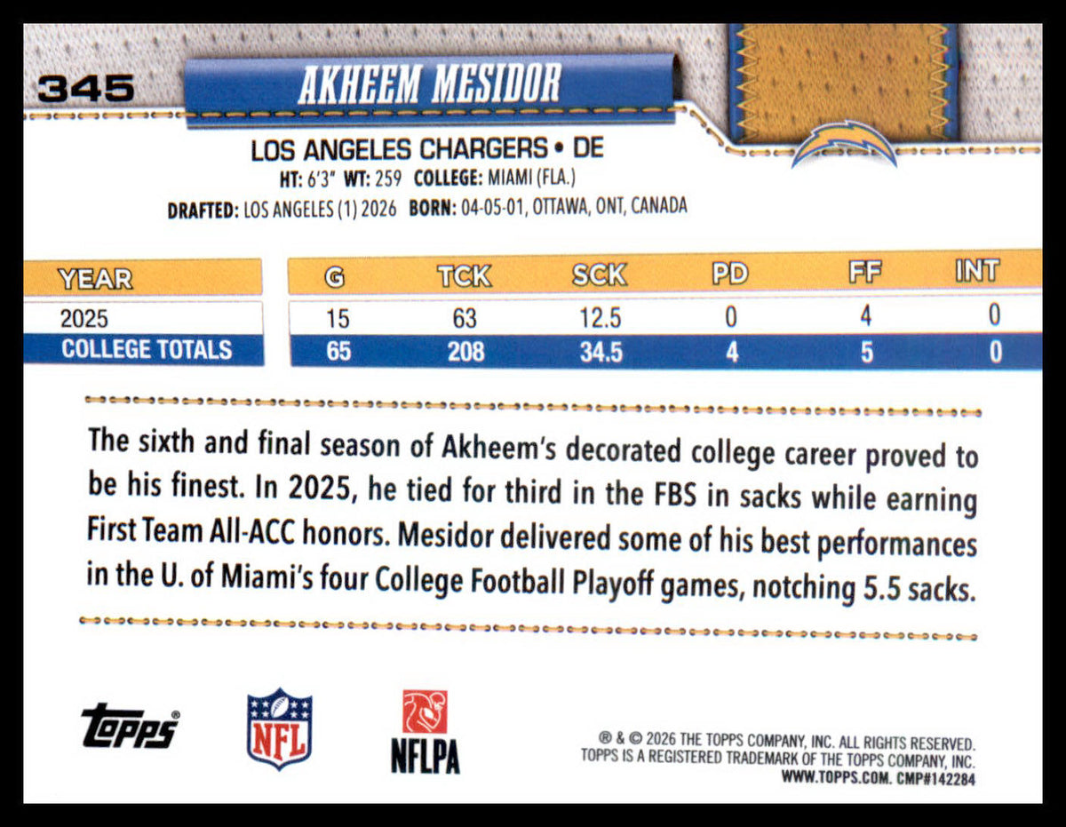 2026 Topps Flagship Football #345 Akheem Mesidor