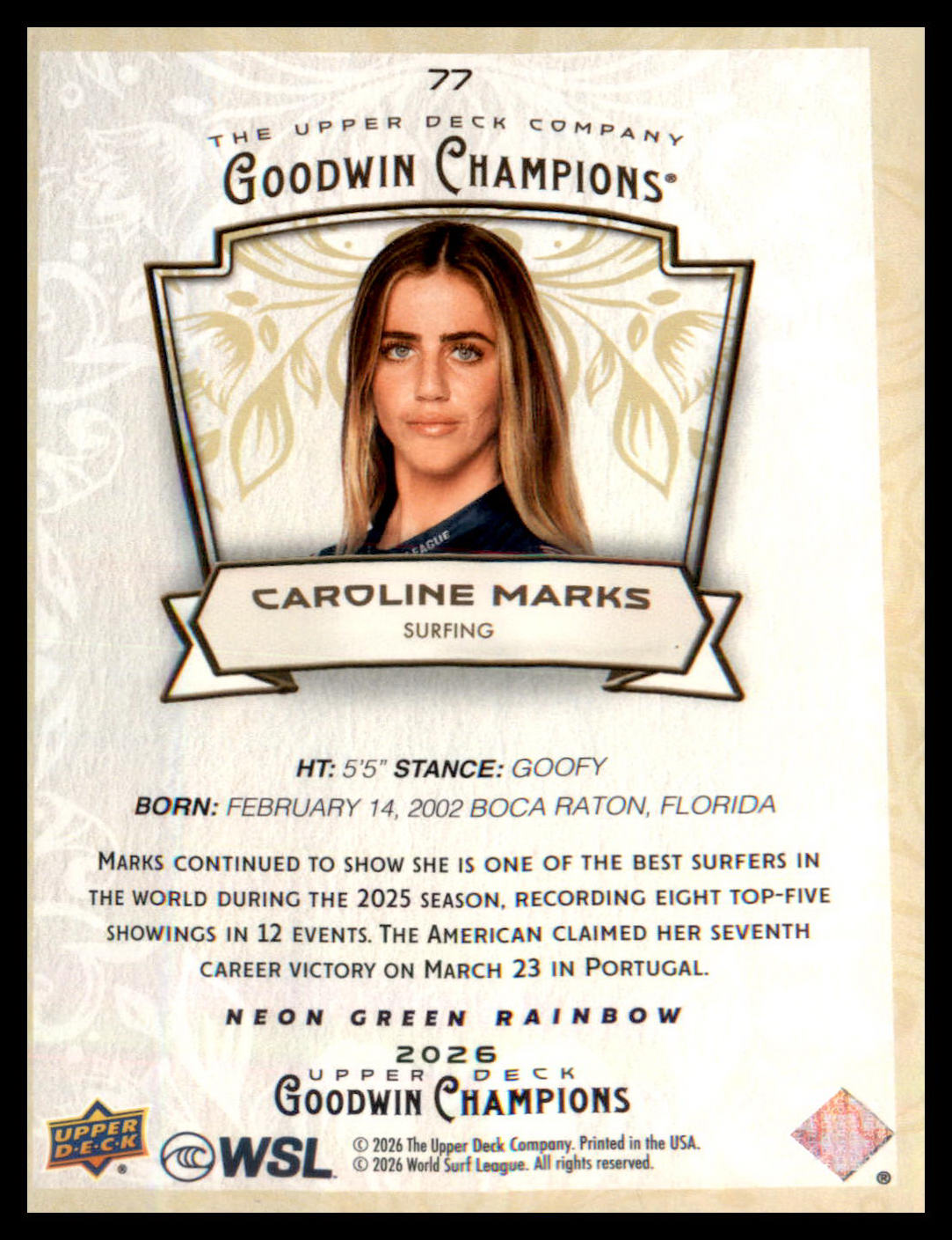 2026 Upper Deck Goodwin Champions Neon Green Rainbow #77 Caroline Marks
