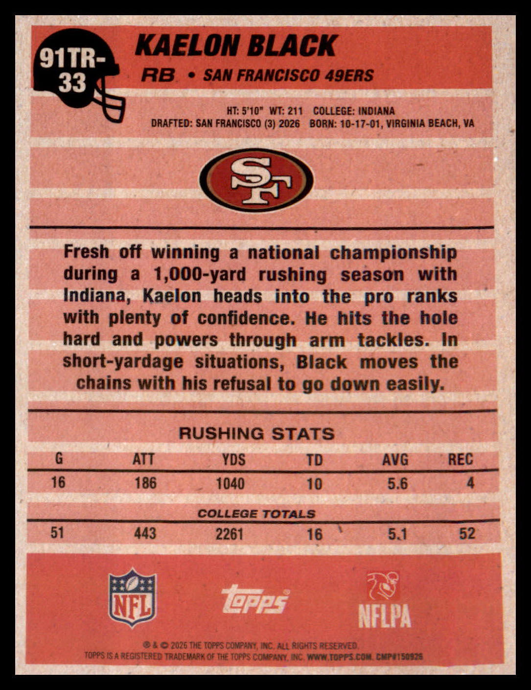 2026 Topps Flagship 1991 Topps Football Rookies #91TR-33 Kaelon Black