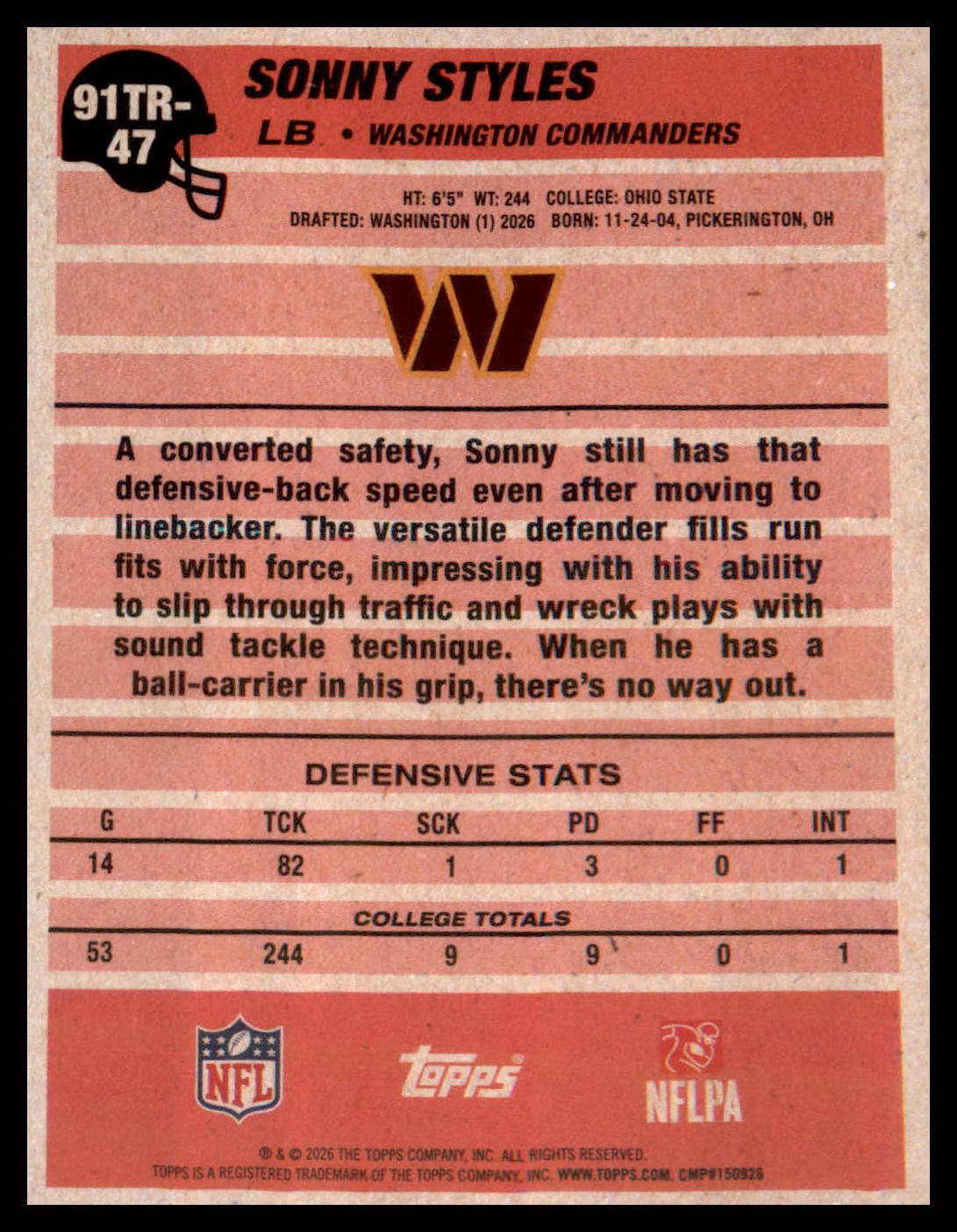 2026 Topps Flagship 1991 Topps Football Rookies #91TR-47 Sonny Styles