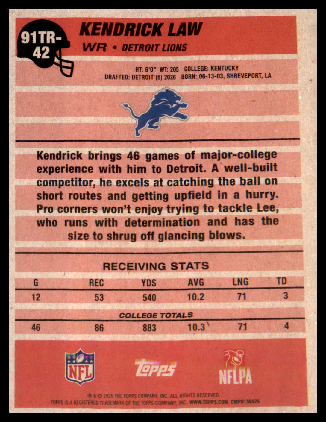 2026 Topps Flagship 1991 Topps Football Rookies #91TR-42 Kendrick Law