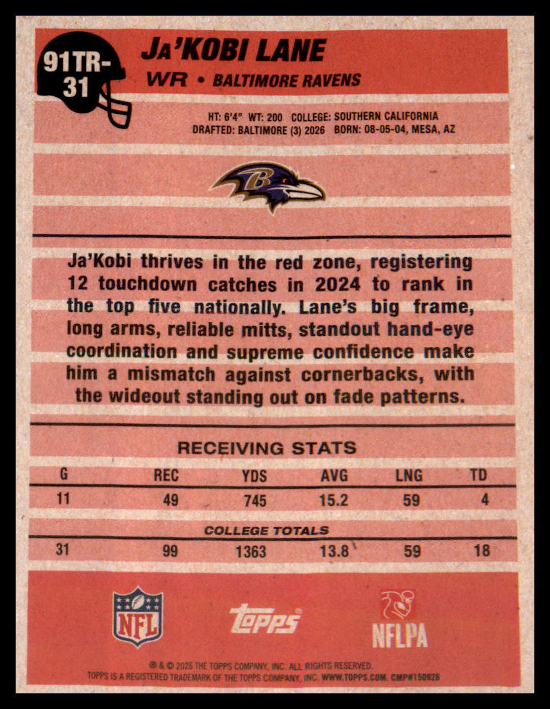 2026 Topps Flagship 1991 Topps Football Rookies #91TR-31 Ja'Kobi Lane