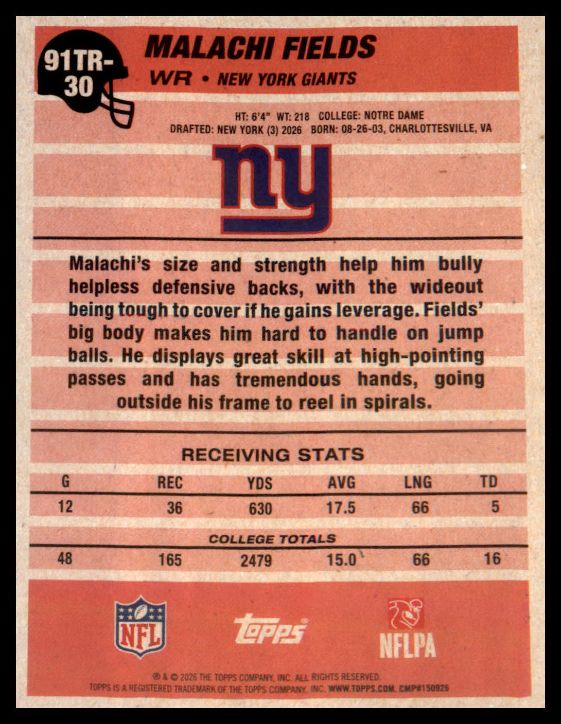 2026 Topps Flagship 1991 Topps Football Rookies #91TR-30 Malachi Fields