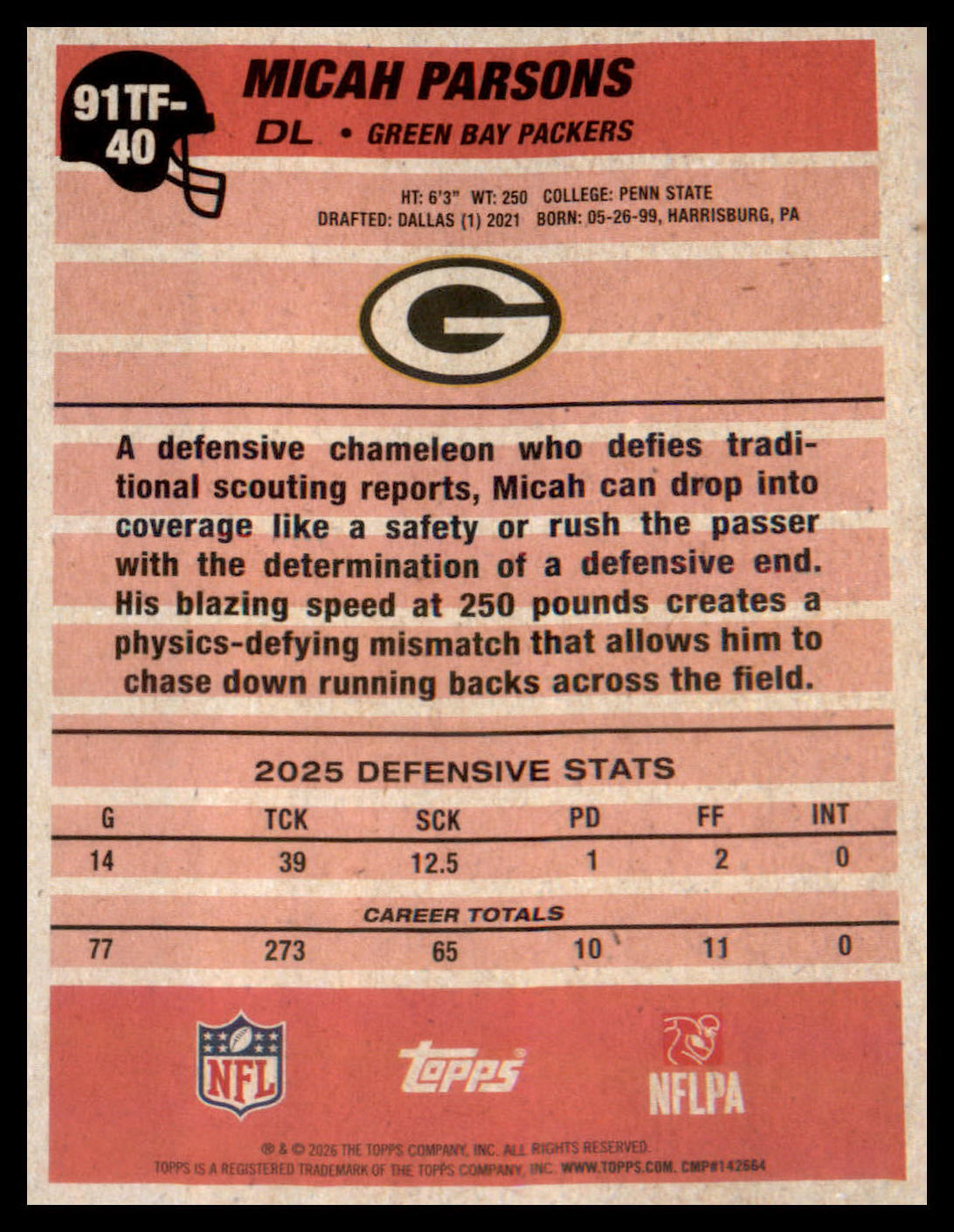 2026 Topps Flagship 1991 Topps Football #91TF-40 Micah Parsons