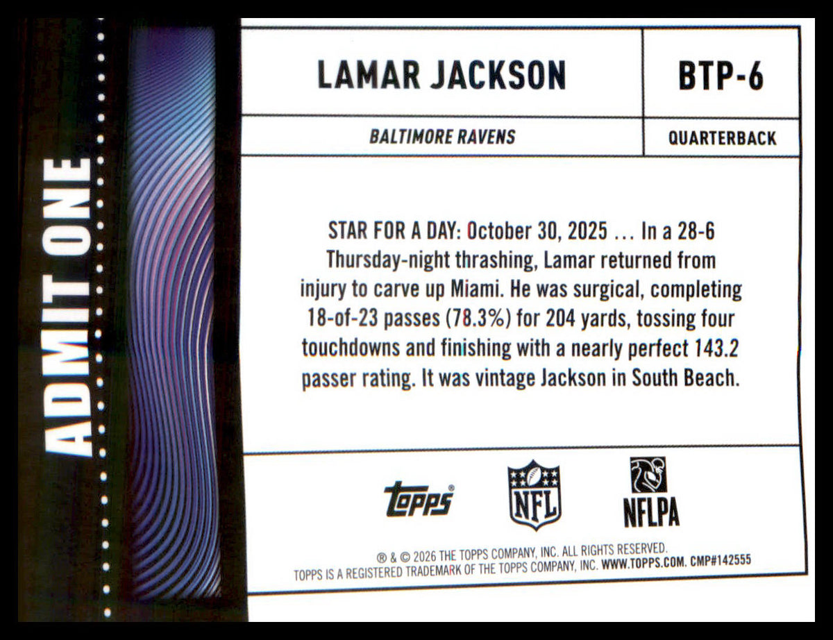 2026 Topps Flagship Big Ticket Players #BTP-6 Lamar Jackson