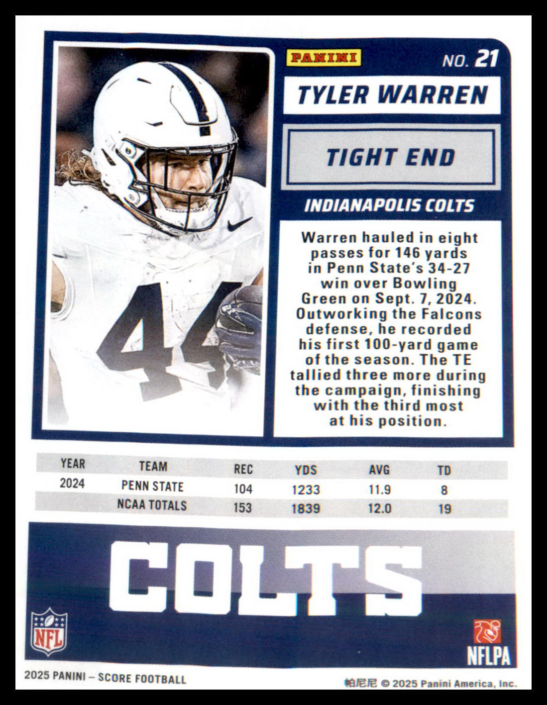 2025 Score #21 Tyler Warren RC RC