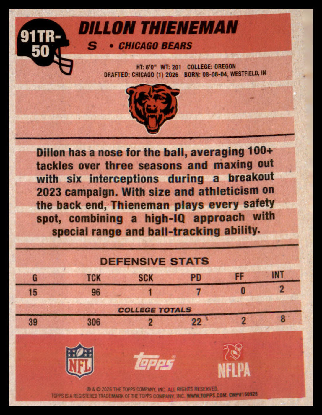 2026 Topps Flagship 1991 Topps Football Rookies Crackle 91TR50 Dillon Thieneman