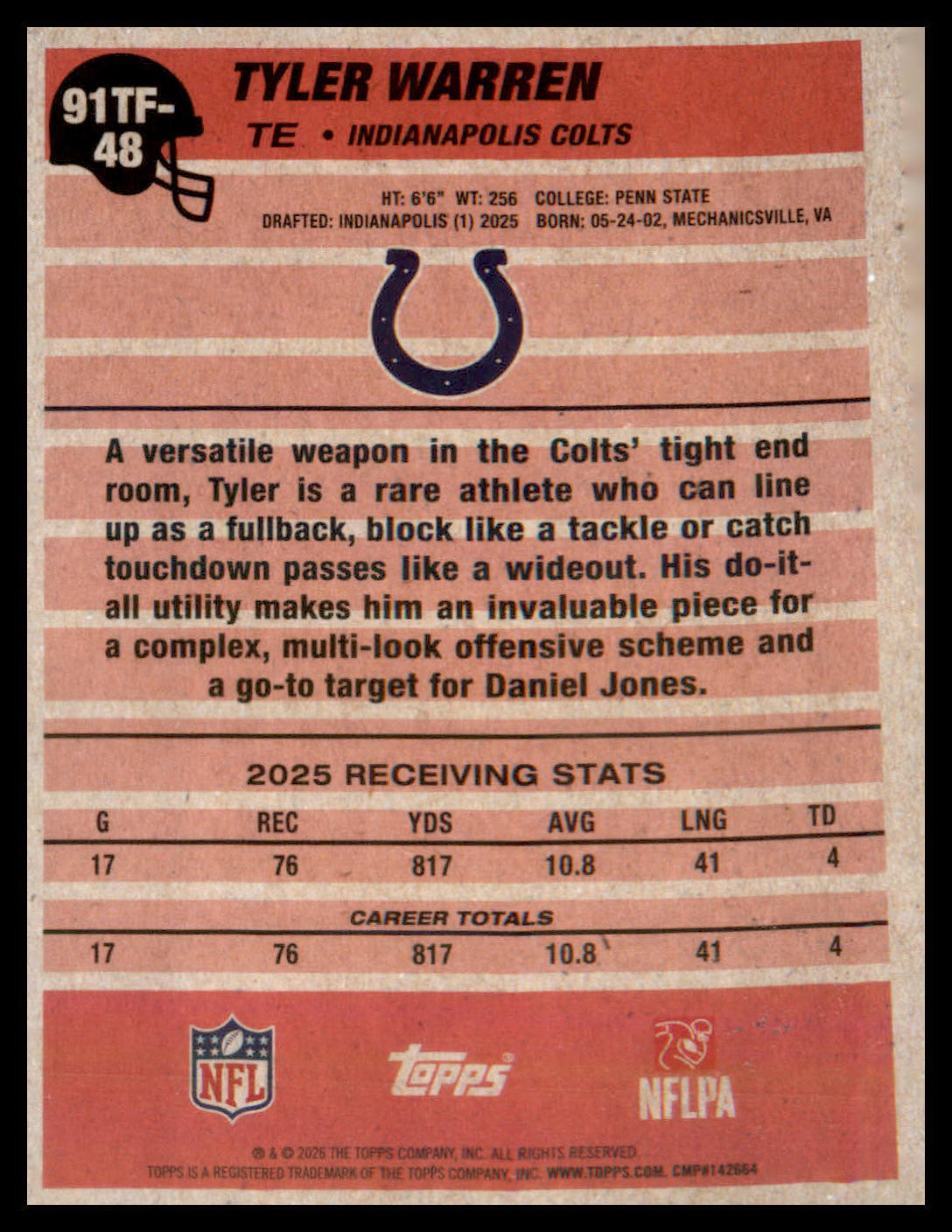 2026 Topps Flagship 1991 Topps Football #91TF-48 Tyler Warren