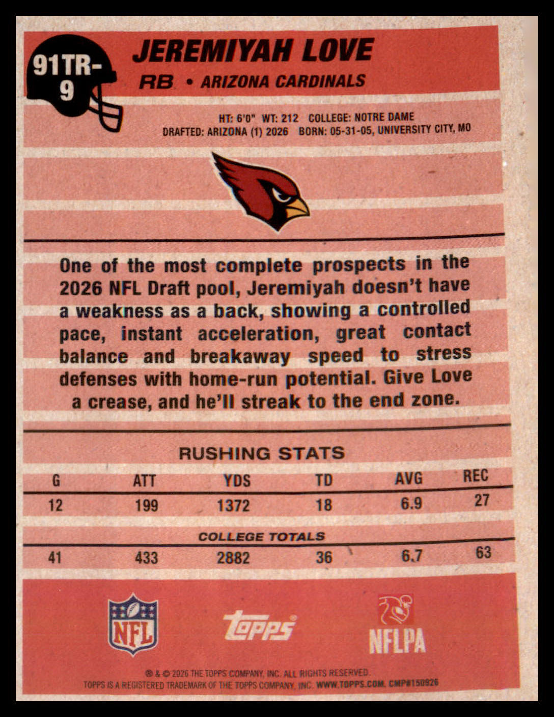 2026 Topps Flagship 1991 Topps Football Rookies #91TR-9 Jeremiyah Love