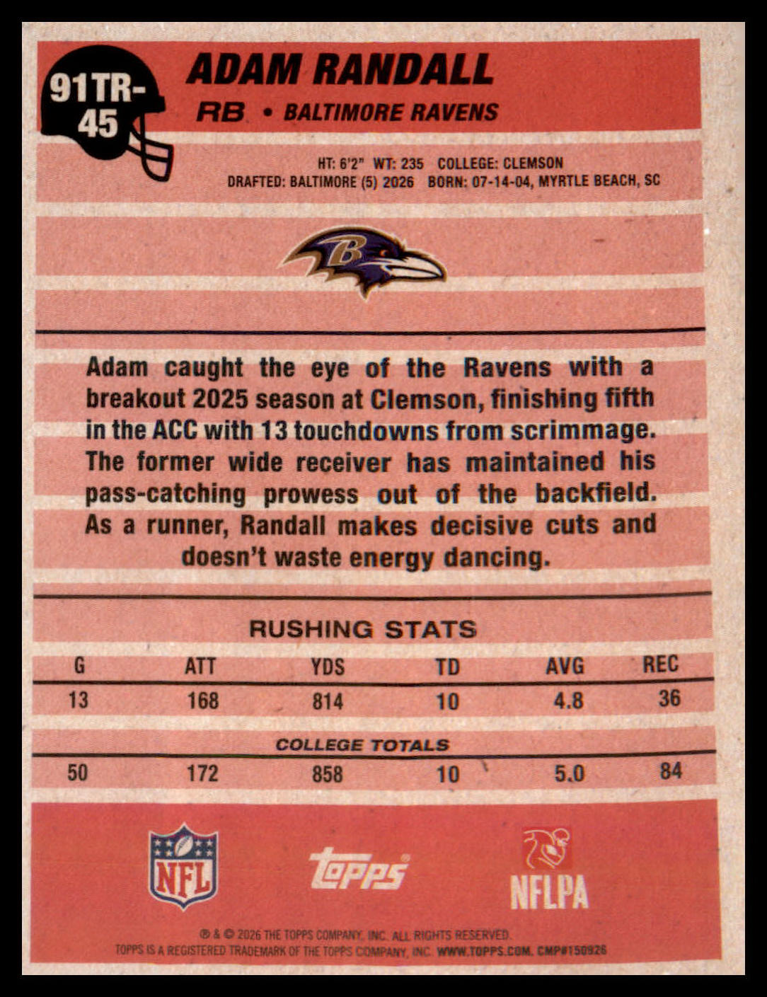 2026 Topps Flagship 1991 Topps Football Rookies #91TR-45 Adam Randall