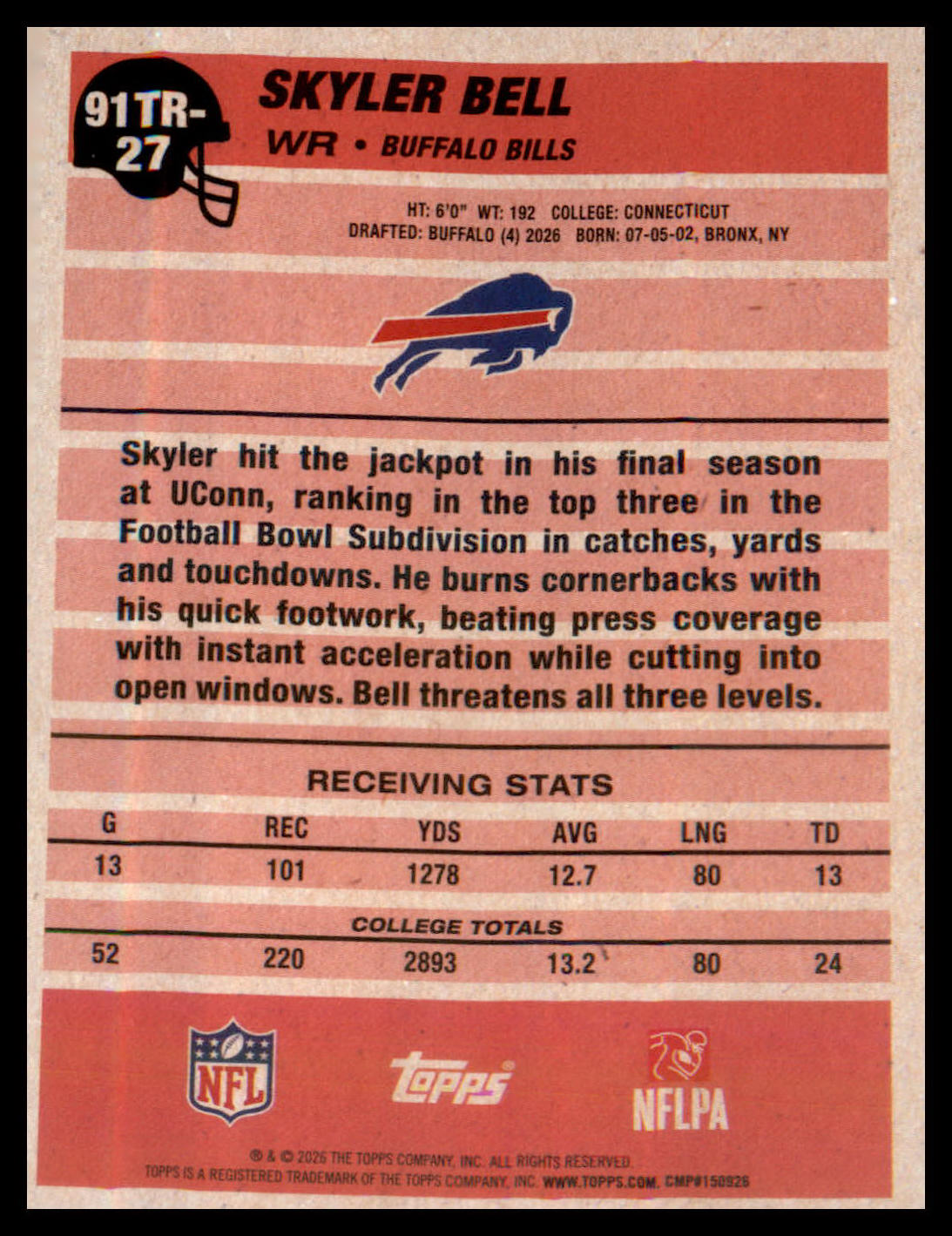 2026 Topps Flagship 1991 Topps Football Rookies #91TR-27 Skyler Bell