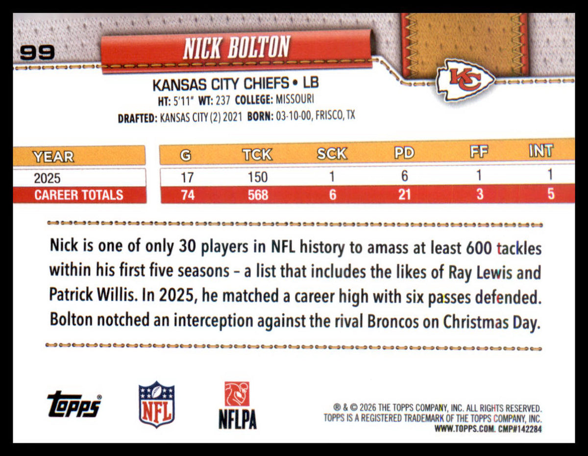 2026 Topps Flagship Pink Holo Foil #99 Nick Bolton