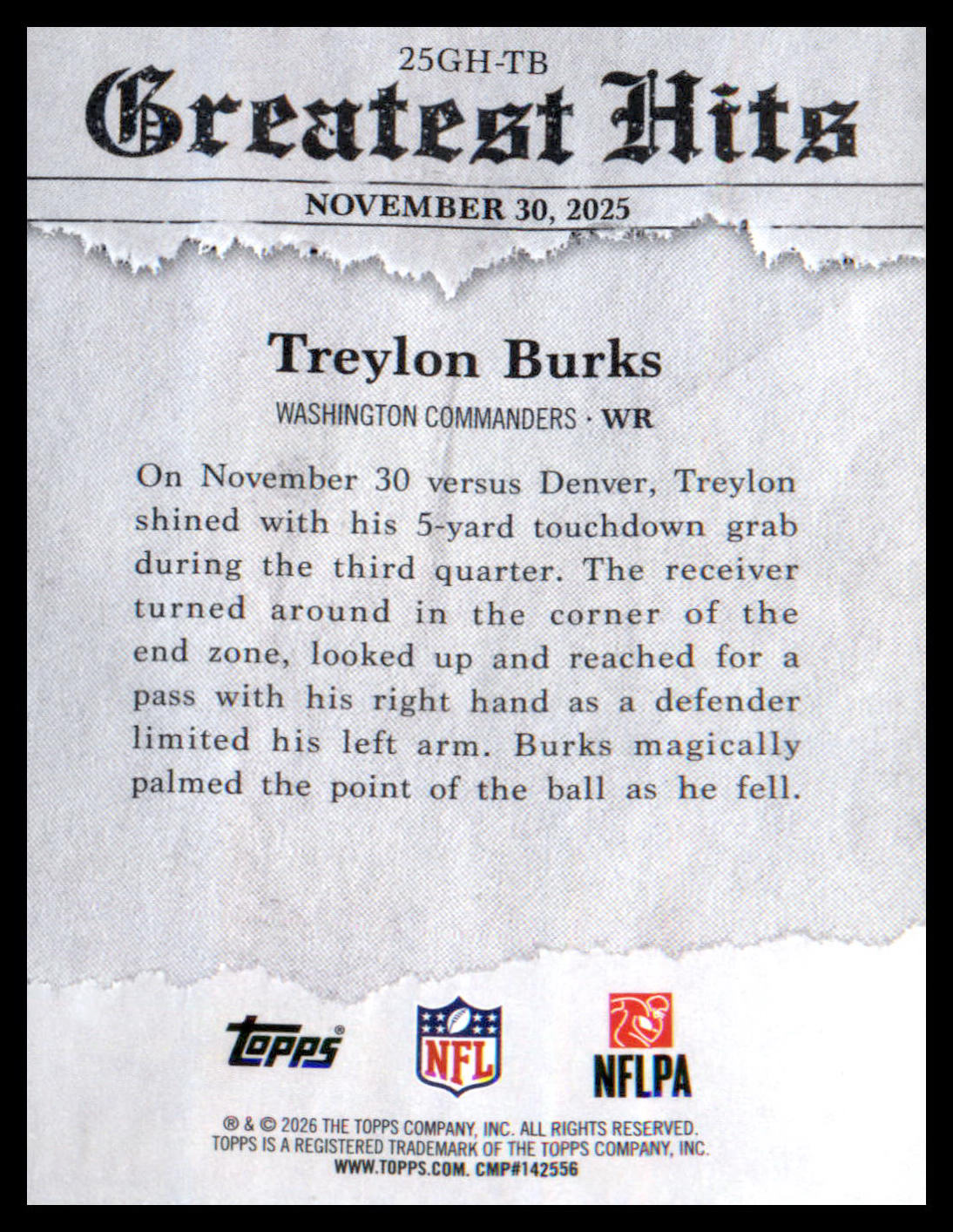 2026 Topps Flagship 2025 Greatest Hits #25GH-TB Treylon Burks