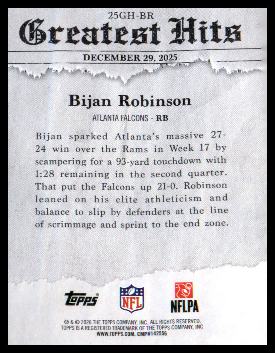 2026 Topps Flagship 2025 Greatest Hits #25GH-BR Bijan Robinson