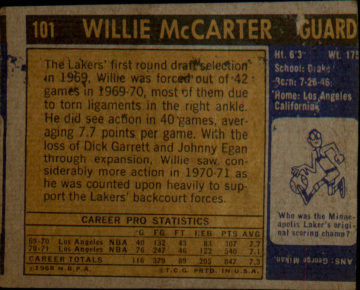 1971-72 Topps #101 Willie McCarter - Veteran Sports Cards FL